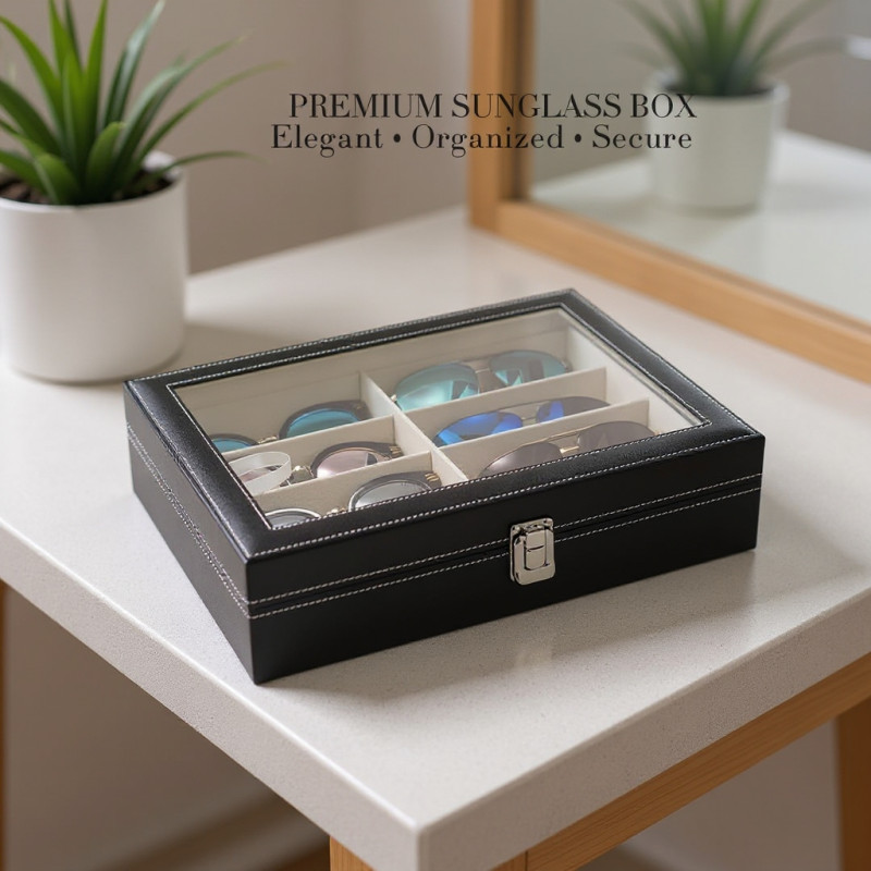 Luxury 6-Slot PU Leather Sunglasses Display Box - Black Color