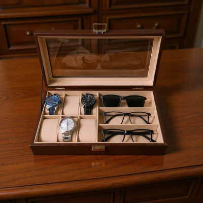 Premium Luxury Brown PU Leather Watch & Sunglass Box – 6 Watches + 3 Sunglasses (Leather Finish) with Lock