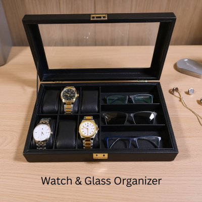 Premium Luxury Black PU Leather Watch & Sunglass Box – 6 Watches + 3 Sunglasses (Leather Finish) with Lock
