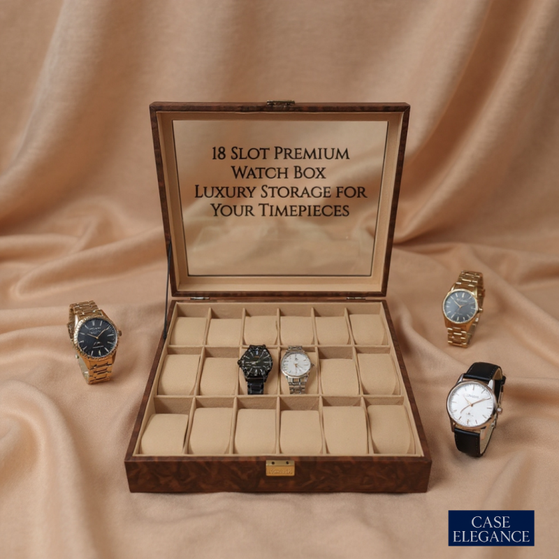 Premium Brown PU Leather Watch Box – 18 Slot Luxury Organizer (Leather Finish) with Glass Top & Lock
