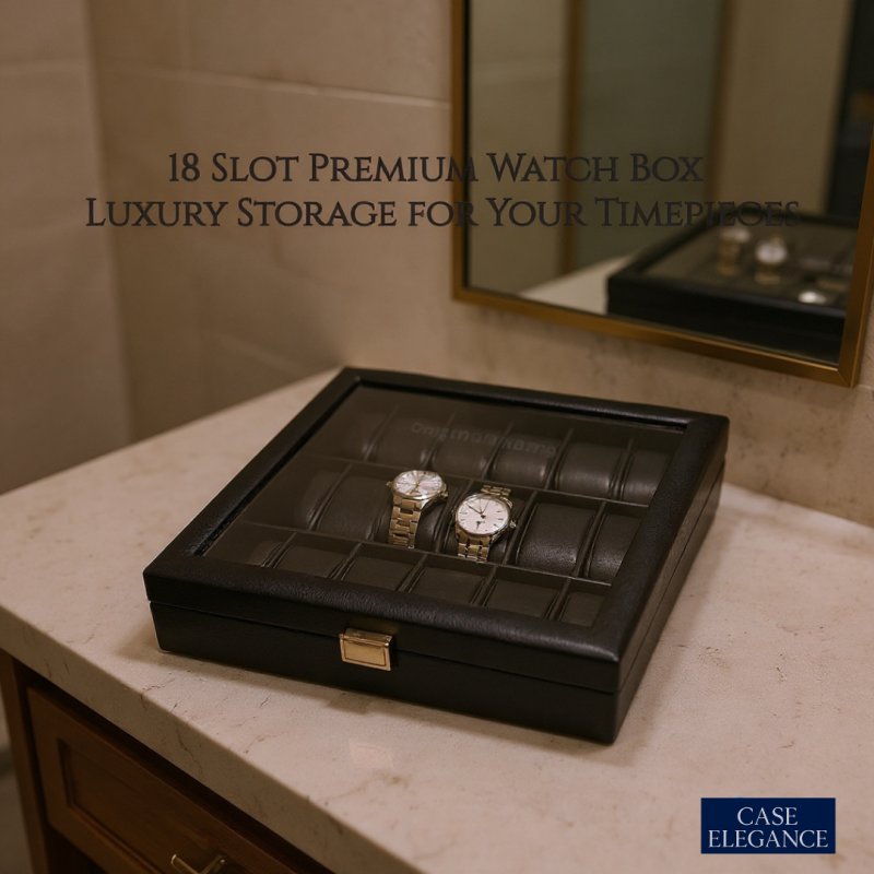 Premium Black PU Leather Watch Box – 18 Slot Luxury Organizer (Leather Finish) with Glass Top & Lock