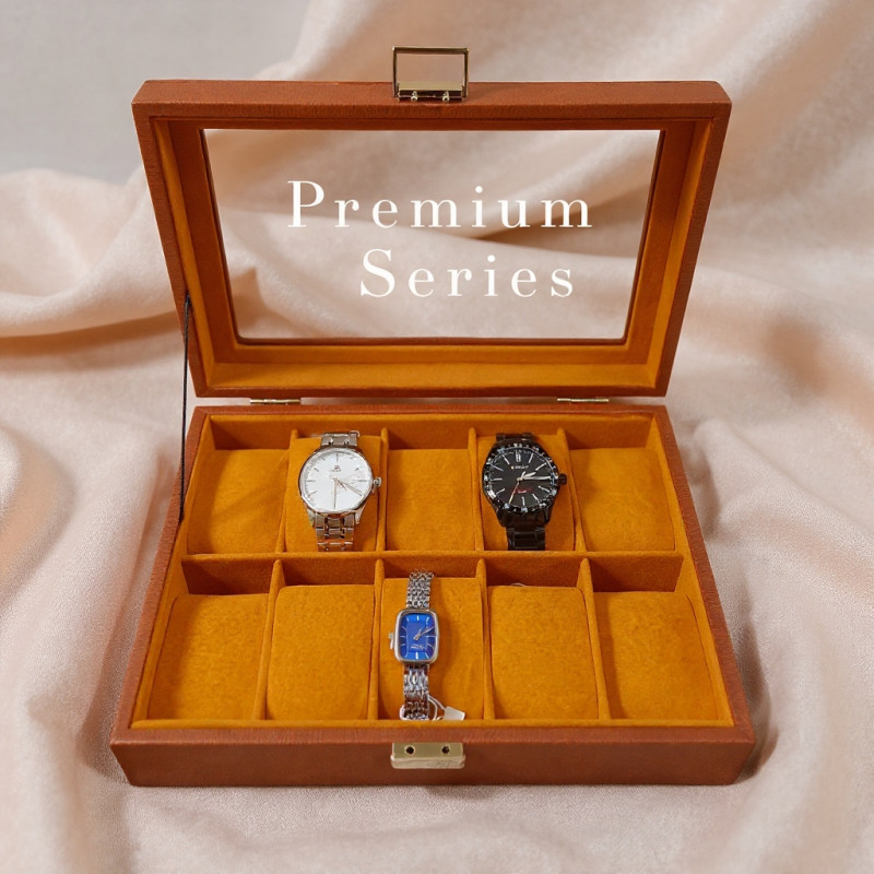 Premium Tan PU Leather Watch Box – 10 Slot Luxury Organizer (Leather Finish) with Glass Top & Lock