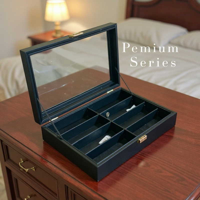 Premium Black PU Leather Sunglasses Box – 8 Slot Luxury Organizer (Leather Finish) with Glass Top & Lock