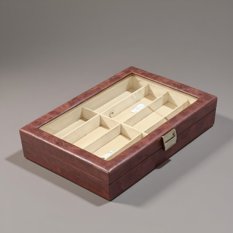 Premium Brown PU Leather Sunglasses Box – 8 Slot Luxury Organizer (Leather Finish) with Glass Top & Lock