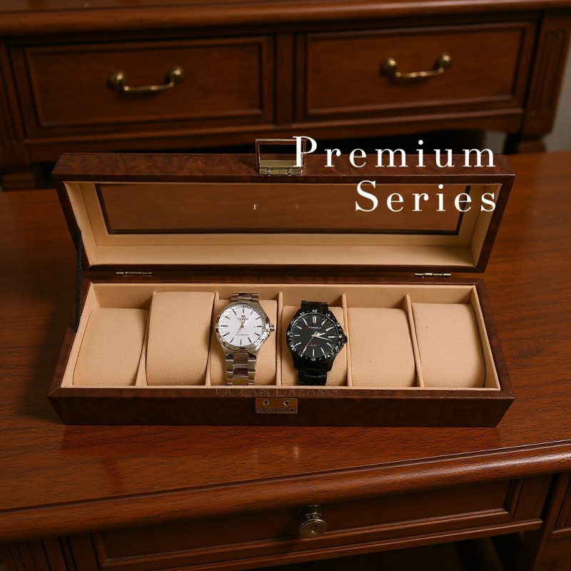Premium Luxury Brown PU Leather Watch Case – 6 Slot (Leather Finish) with Key Lock