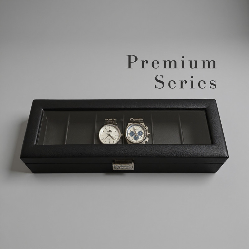 Premium Luxury Black PU Leather Watch Case – 6 Slot (Leather Finish) with Key Lock