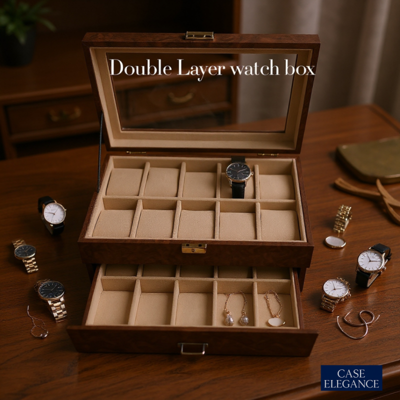 Premium Brown PU Leather Watch Box – 20 Slot Luxury Organizer (Leather Finish) with Glass Top & Lock