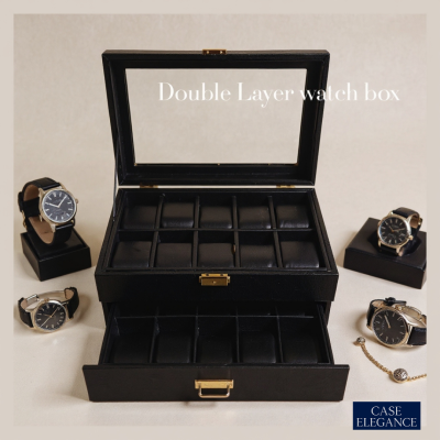 Premium Black PU Leather Watch Box – 20 Slot Luxury Organizer (Leather Finish) with Glass Top & Lock