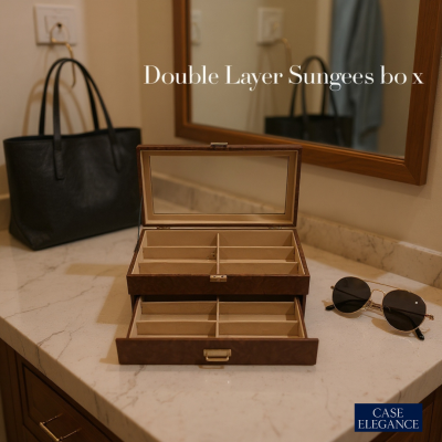 Premium Brown PU Leather Sunglasses Box – 12 Slot Luxury Organizer (Leather Finish) with Glass Top & Lock