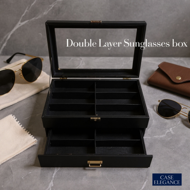 Premium Black PU Leather Sunglasses Box – 12 Slot Luxury Organizer (Leather Finish) with Glass Top & Lock