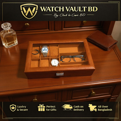 Premium Luxury Tan PU Leather Watch & Sunglass Box – 6 Watches + 3 Sunglasses (Leather Finish) with Lock