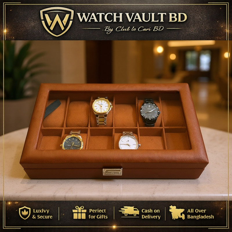 Premium Tan PU Leather Watch Box – 12 Slot Luxury Organizer (Leather Finish) with Glass Top & Lock