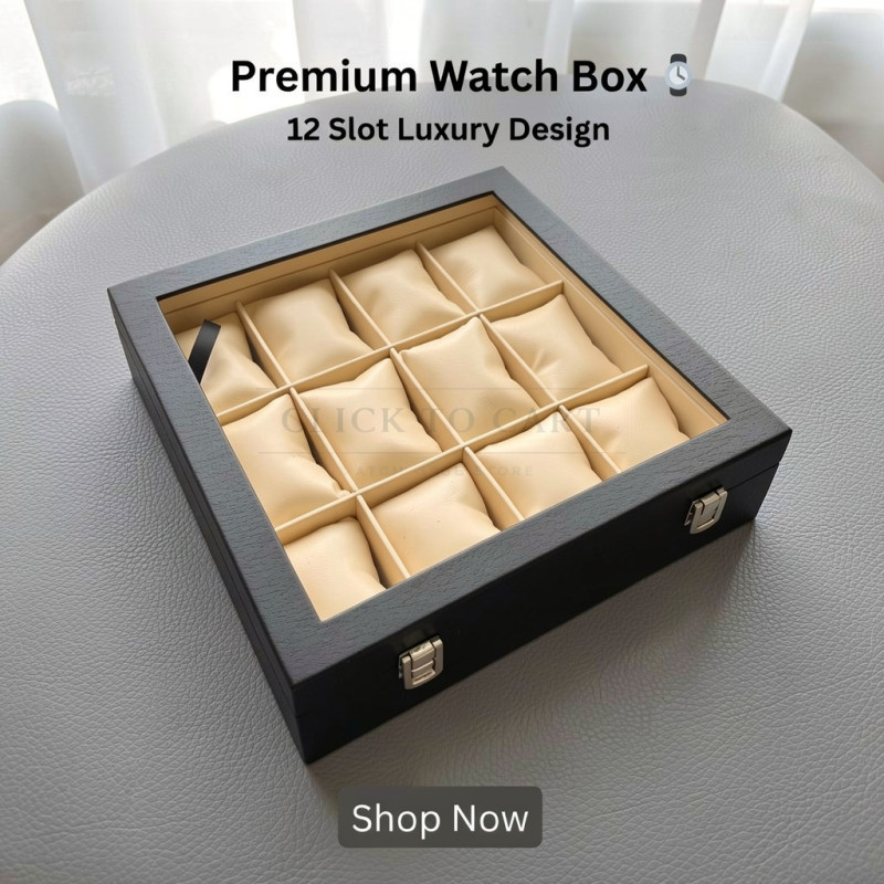 12 Slot Luxury Watch Box Organizer with Glass Top – Black Square Case