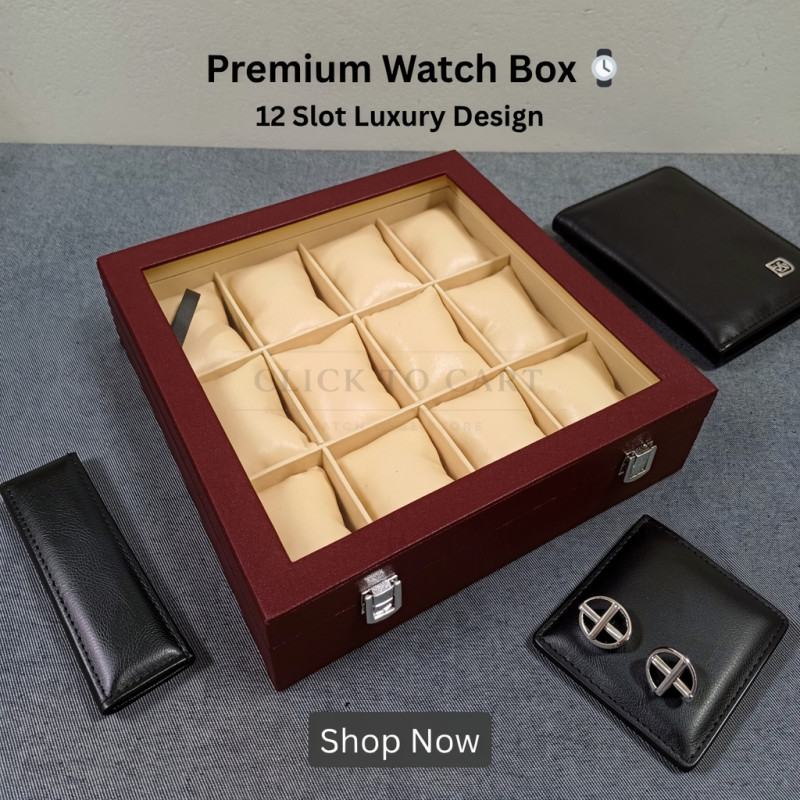 12 Slot Luxury Watch Box Organizer with Glass Top – Mahogany Brown Square Case
