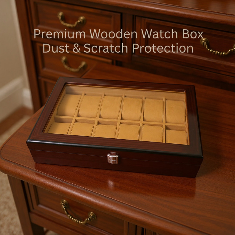 Premium Coffee Wooden 12 Slots Watch Organizer