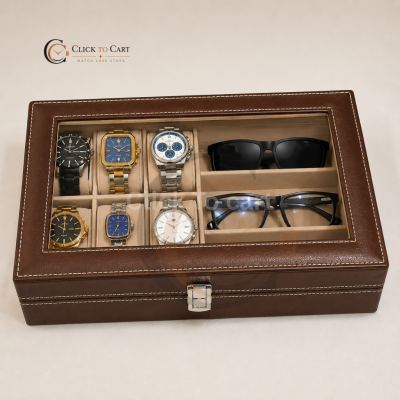Luxury 6-Watch & 3-Sunglasses Organizer Box – PU Leather Storage Case – Brown Color