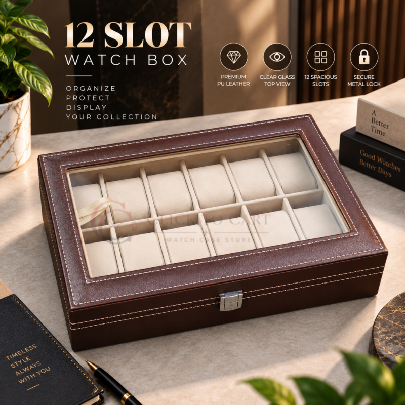 Budget Friendly Watch Box – 12 Slot Display Case - Brown