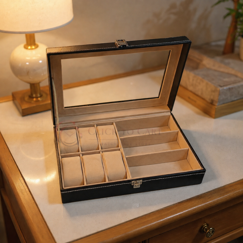 Luxury 6-Watch & 3-Sunglasses Organizer Box – PU Leather Storage Case